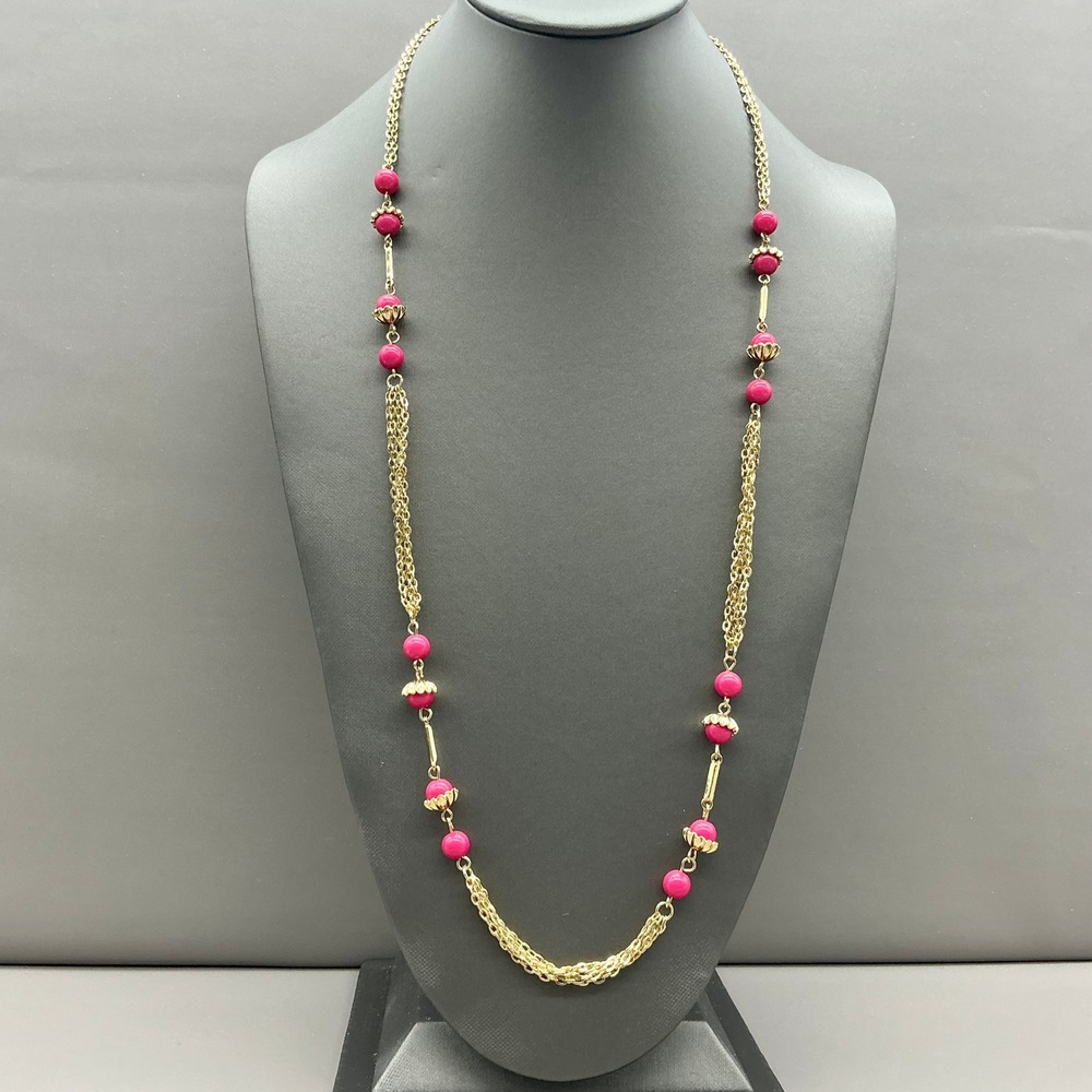 Talbots Necklace Pink Beaded Multi Strand Gold Tone Statement Long Adjustable
